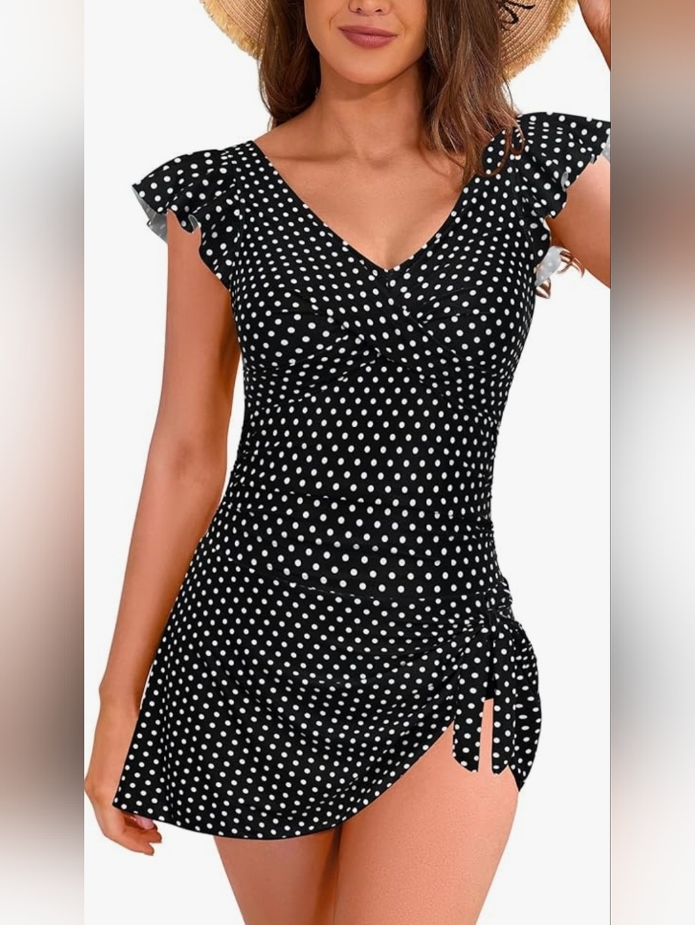 Black Polka Dot V-Neck Mini with Side Tie